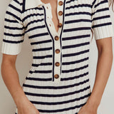 Cayla Button-Up Ribbed Knit Dress Cream Navy