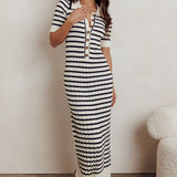 Cayla Button-Up Ribbed Knit Dress Cream Navy