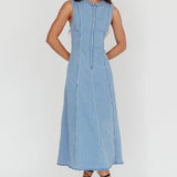 Passionate Flame Sleeveless A-line Midi Dress Denim Blue