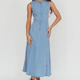 Passionate Flame Sleeveless A-line Midi Dress Denim Blue