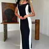 Kiss City Tied Shoulders Contrast Maxi Dress Black/Oat