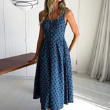 Hair Down Square Neck A-Line Midi Dress Floral Denim