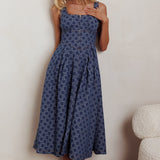 Hair Down Square Neck A-Line Midi Dress Floral Denim