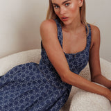 Hair Down Square Neck A-Line Midi Dress Floral Denim