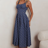 Hair Down Square Neck A-Line Midi Dress Floral Denim
