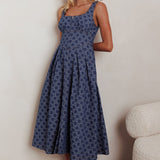 Hair Down Square Neck A-Line Midi Dress Floral Denim