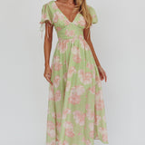 Loveberry Puff Sleeve A-Line Maxi Dress Green