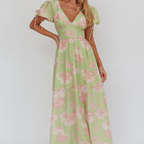 Loveberry Puff Sleeve A-Line Maxi Dress Green