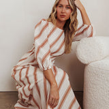 Transcendent Puff Sleeves Striped Maxi Dress Tan