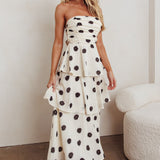 Lorcan Strapless Ruffle Dotted Midi Dress Oat