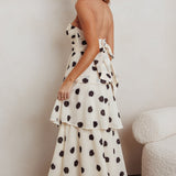 Lorcan Strapless Ruffle Dotted Midi Dress Oat