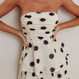 Lorcan Strapless Ruffle Dotted Midi Dress Oat