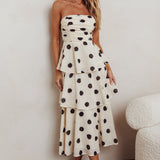 Lorcan Strapless Ruffle Dotted Midi Dress Oat