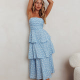 Lorcan Strapless Ruffle Dotted Midi Dress Blue