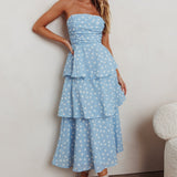 Lorcan Strapless Ruffle Dotted Midi Dress Blue