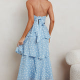 Lorcan Strapless Ruffle Dotted Midi Dress Blue