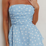 Lorcan Strapless Ruffle Dotted Midi Dress Blue