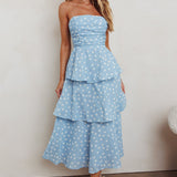 Lorcan Strapless Ruffle Dotted Midi Dress Blue