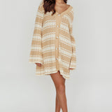 Maysah Button-Up Knit Shirt Dress Nude Ivory