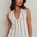 Aster Sleeveless Knit Front Tie Top Beige