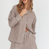 Weekends Away Long Sleeve Button Top Brown Check
