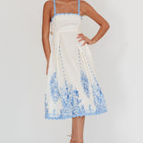 Asami Floral Print Ric Rac Trim Midi Dress Blue