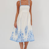 Asami Floral Print Ric Rac Trim Midi Dress Blue