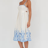 Asami Floral Print Ric Rac Trim Midi Dress Blue