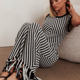 Same Place Fringed Knit Maxi Dress Black