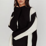 Eos Ribbed Mock Neck Knit Jumper Black Cream