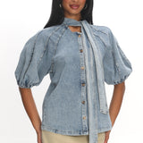 Notice Me Puff Sleeve Neck Bow Top Denim Blue