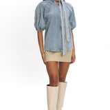 Notice Me Puff Sleeve Neck Bow Top Denim Blue