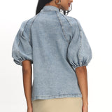 Notice Me Puff Sleeve Neck Bow Top Denim Blue