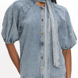 Notice Me Puff Sleeve Neck Bow Top Denim Blue