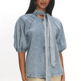 Notice Me Puff Sleeve Neck Bow Top Denim Blue