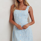 Villanelle Faux Button Placket Eyelet Mini Dress Blue