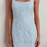 Villanelle Faux Button Placket Eyelet Mini Dress Blue