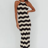 Yelena Halter Neck Knit  Maxi Dress Zig-Zag Cream