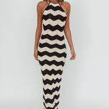 Yelena Halter Neck Knit  Maxi Dress Zig-Zag Cream