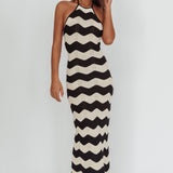 Yelena Halter Neck Knit  Maxi Dress Zig-Zag Cream