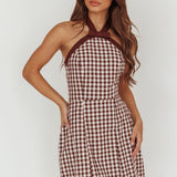 Lady Bow Halterneck Mini Dress Plaid Brown