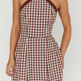 Lady Bow Halterneck Mini Dress Plaid Brown