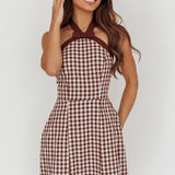 Lady Bow Halterneck Mini Dress Plaid Brown