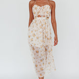 Los Feliz Tied Bust Halterneck Midi Dress Sheer Floral Yellow