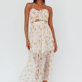 Los Feliz Tied Bust Halterneck Midi Dress Sheer Floral Yellow