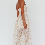 Los Feliz Tied Bust Halterneck Midi Dress Sheer Floral Yellow