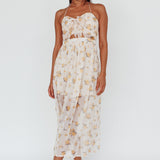 Los Feliz Tied Bust Halterneck Midi Dress Sheer Floral Yellow