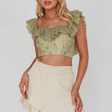 Dreamy On Or Off-Shoulder Frill Crop Top Beige/Olive