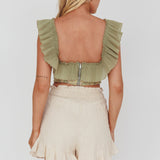 Dreamy On Or Off-Shoulder Frill Crop Top Beige/Olive