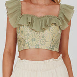 Dreamy On Or Off-Shoulder Frill Crop Top Beige/Olive